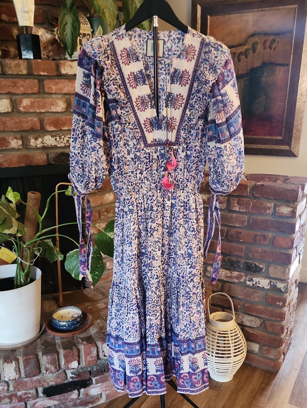 Bell by Alicia Bell Blue Floral Block Print Smocked Midi Dress M